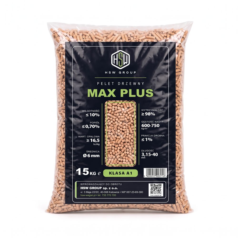Pellet drzewny MAX PLUS HSW GROUP, worek 15 kg, klasa A1